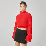 Women Sweater Knitwear Autumn and Winter Turtleneck Puff Sleeve Thick Thread Sweater Loose Long Sleeve Sweater Top