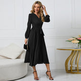 Women Date Dress Sexy V-neck Bubble Lantern Sleeve Pleated Skirt