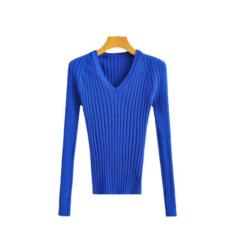 Women Sweater Knitwear Spring and Autumn Klein Blue Ice Silk V-neck Sweater