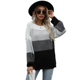 Women Knitted Sweater Autumn Crew Neck Loose Stitching Contrast Color Knitted Long Sleeve Sweater