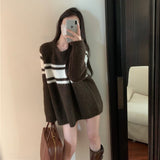 Women Knitted Pullover Striped Loose Sweater Autumn Winter Retro Knitwear Coat