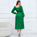 Women Date Dress Slim-Fit Long Sleeve V-neck Lace-up A- line Dress Lantern Sleeve Dress