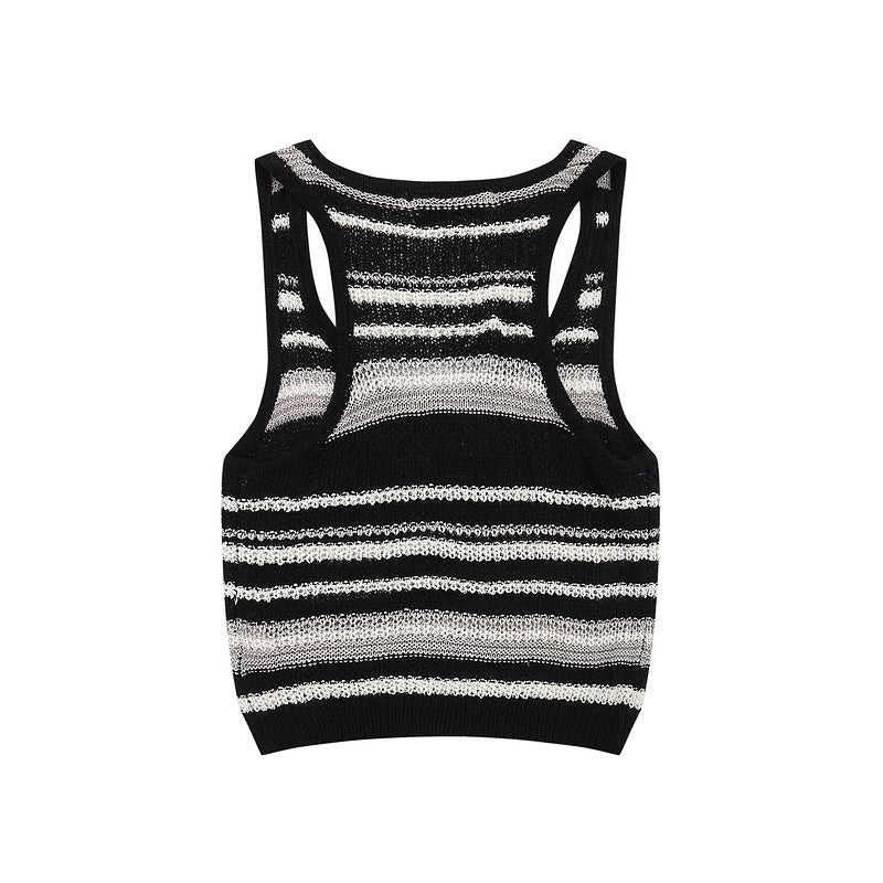 Women Vest Striped Knitted Top Retro Slim Vest