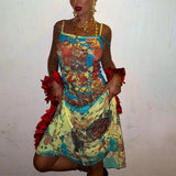 Women Dresse Vintage Printed Dress Long Dress U Collar off-the-Shoulder Backless Sling Hip Skirt