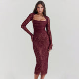 Women Dresses Autumn Sexy Long Sleeve Strap Lace Sling Dress (Bla0420)