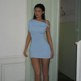 Women Dresses Summer Short Sleeve Solid Color Slim Fit Sexy Sheath Dress (Bla0420)