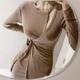 Women Dresses Beige Openwork Dress Long Skirt Bow Hip Skirt