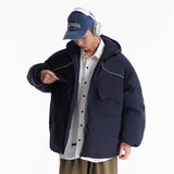 Unisex Winter Cotton Coat Hooded Cotton Coat Vintage Pocket Decorative Cotton Coat