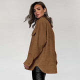 Women Trench Coat Corduroy Coat Autumn and Winter Long Sleeve Retro Long-Sleeved Fleece Sweater