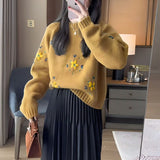 Women Knitted Pullover Hand Embroidery Flower Sweater