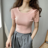 Women Knitted T-shirt Autumn Knitted Short Sleeve Retro Slim T-shirt