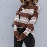 Women Knitted Sweater Autumn Leisure Loose Long Sleeve Striped Sweater