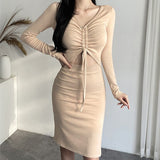 Women Dresses V-neck Pleated Drawstring Cropped Hip Skirt Long Sleeve Dress