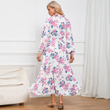 Women Date Dress Autumn Long Sleeve Lace Stand Collar Belt Long Dress