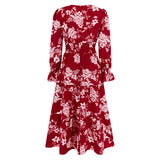 Women Date Dress Autumn and Winter Leisure Floral Print Long Sleeve Lace up Casual Dress Maxi Dress