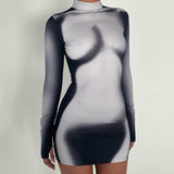 Women Dresses Spring and Autumn Turtleneck Long Sleeve Sexy Print Dress (Bla0420)