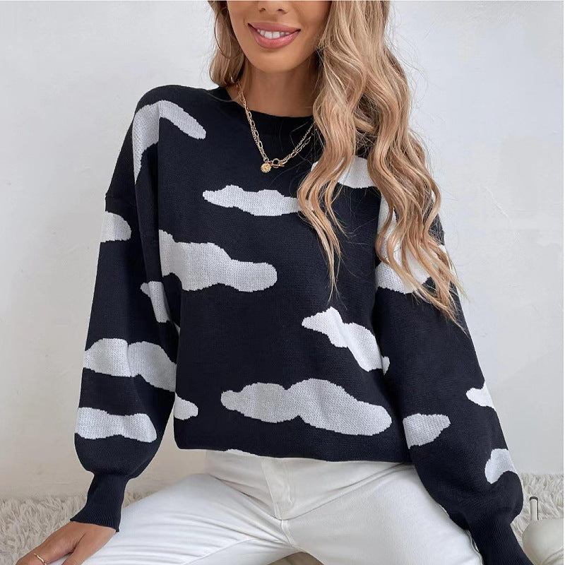 Women Knitted Sweater Autumn and Winter Long Sleeve round Neck Black and White Jacquard Loose-Fitting Women's Sweater Sweater