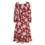 Women Date Dress Autumn Winter Sexy Long Sleeve V-neck Lantern Sleeve Backless Floral Long Tie Dress