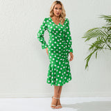 Women Date Dress Autumn and Winter Dress Sexy V-neck Polka Dot Printing Long-Sleeved Fishtail Dress