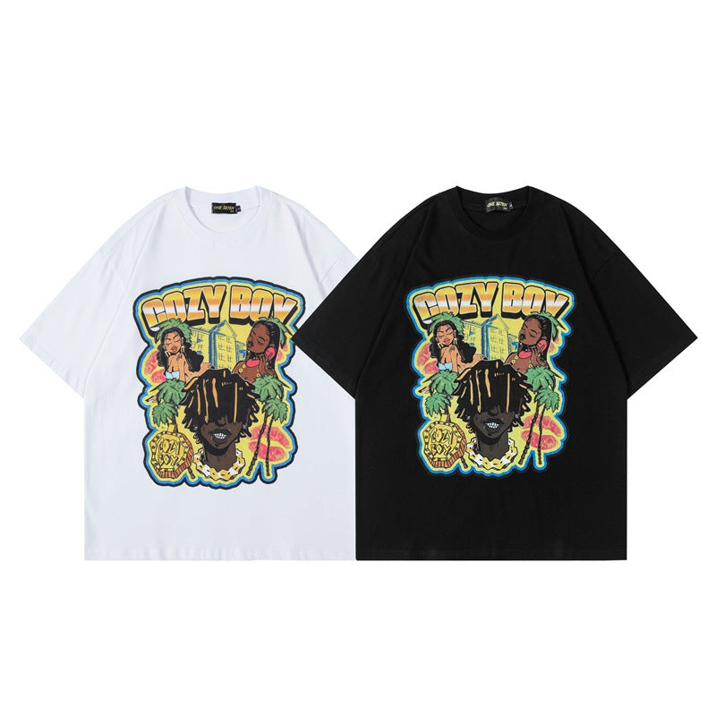 Men T Shirt Hip Hop Cartoon Printed Casual Short Sleeve T-shirt