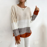 Women Knitted Sweater Autumn and Winter round Neck Contrast Color Knitwear Sweater