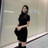 Women Dresses Turtleneck Short Sleeve Dress Skirt