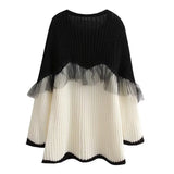 Women Sweater Knitwear Autumn and Winter European and American Knitwear Loose round Neck Stitching Sweater