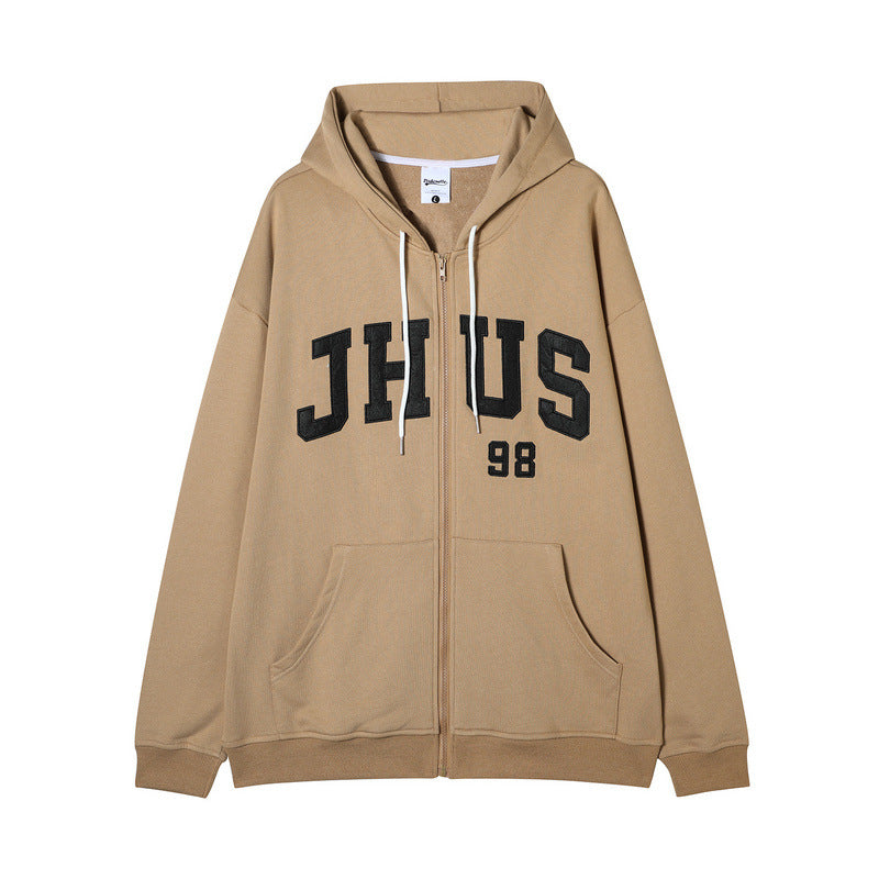 Men Hoodie Vintage Letter Embroidered Terry Coat