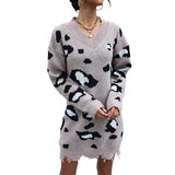 Women Knitted Sweater Autumn Knitted Long Sleeve V-neck Shabby Leopard Print Woolen Skirt