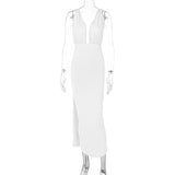 Women Dresses Summer Sexy Deep V-neck Backless Fold Split Dress