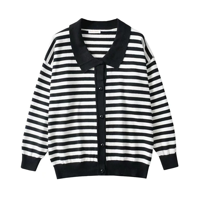 Women Sweater Knitwear Polo Collar Striped Knitted Cardigan Single-Breasted Sweater Coat