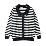 Women Sweater Knitwear Polo Collar Striped Knitted Cardigan Single-Breasted Sweater Coat