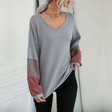 Women Knitted Sweater Fall Color-Blocking Gray Long Sleeves V-neck Sweater