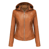 Red Leather Jacket Spring and Autumn Hooded Leather Coat Women's Detachable Hat Windproof Jacket