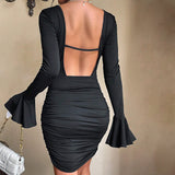 Women Dress Fall/Winter Slim Sexy Backless Sheath Long Sleeve Dress