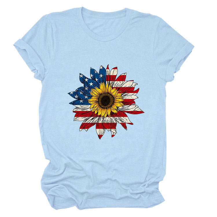 T-shirt pattern sunflower print round neck casual short sleeve