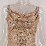 Women Evening Gown Sexy Backless Retro Spaghetti Straps Sequins Dress
