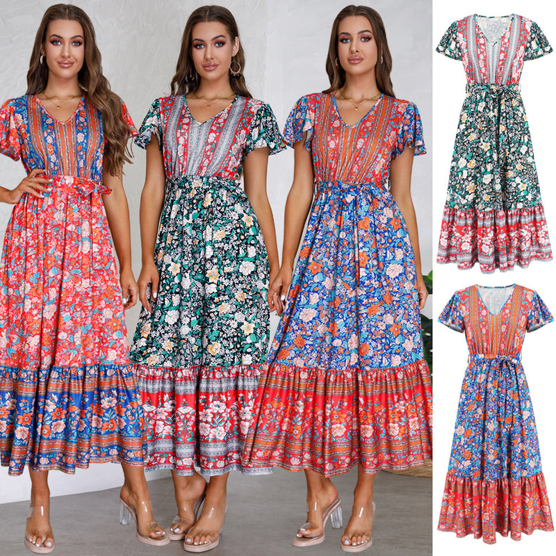 Women Date Dress Summer V-neck Ruffle Vintage Floral Beach Dress