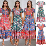 Women Date Dress Summer V-neck Ruffle Vintage Floral Beach Dress