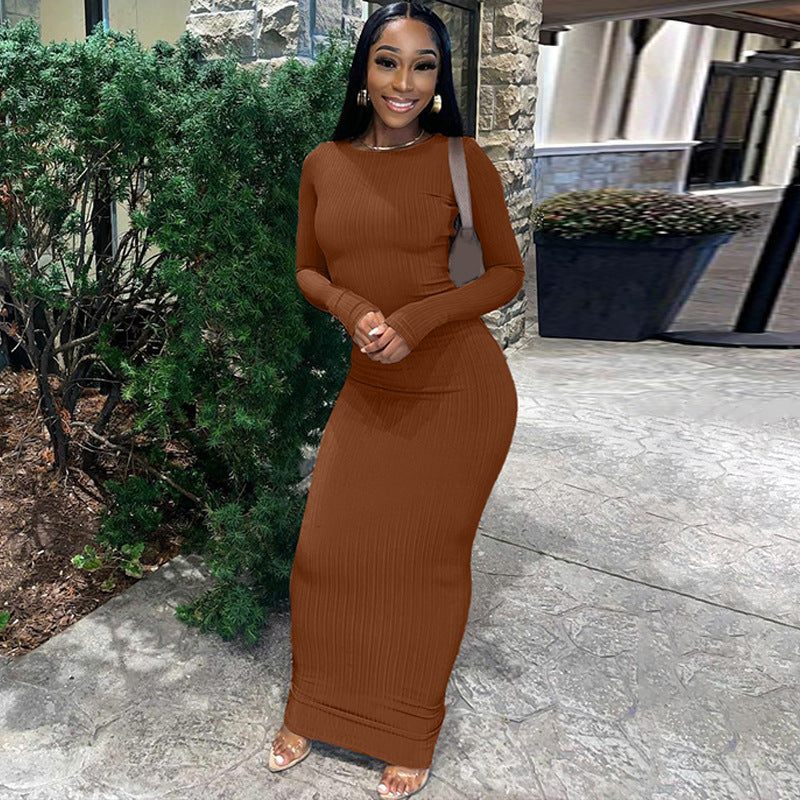 Women Dresses Winter Striped Solid Color Slim Fit round Neck Long Sleeves Dress