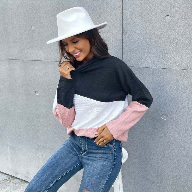 Women Knitted Sweater Autumn Knitted Color Matching Turtleneck Long-Sleeved Bottoming Sweater