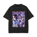 Washed retro cotton t-shirt Baki Hanma anime print washed old short-sleeved t-shirt