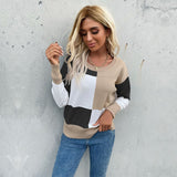 Women Knitted Sweater Autumn round Neck Stitching Long Sleeve Knitted Sweater