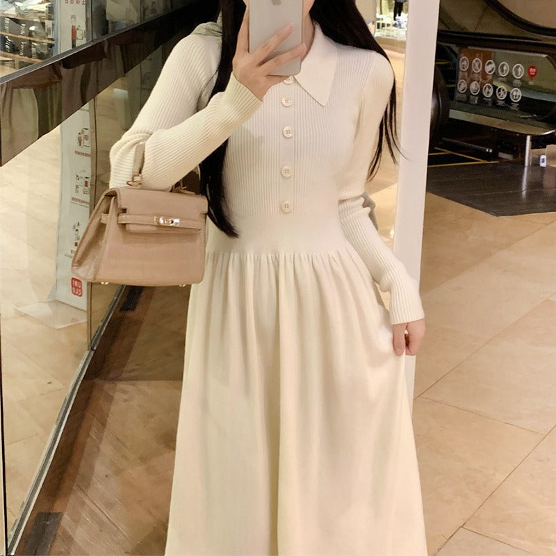 Women Knitwear Spring and Autumn Polo Collar Mid-Length Knitwear Fashion Slim Fit Dress