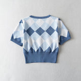 Women Sweater Knitwear V-neck Tight Waist Diamond Plaid Knitted Cardigan Single-Breasted Short Sleeve Top