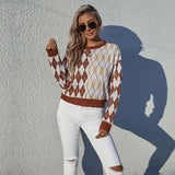 Women Knitted Sweater Autumn Leisure Long Sleeve Rhombus Sweater Loose round Neck