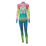 Women Jumpsuit Winter Slim-Fit Zipper Turtleneck Long Sleeve Finger Stall Jumpsuit