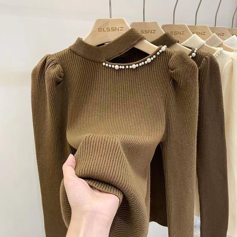 Women Knitwear Autumn and Winter Hollow out Shoulder-Baring Sweaters Bottoming Shirt