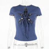 Women Tops Casual Star Hollow Denim Tops Summer T-shirt