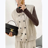Women Knitted Cardigan Spring Vintage Hemp Pattern Double Breasted Sleeveless Knitted Cardigan